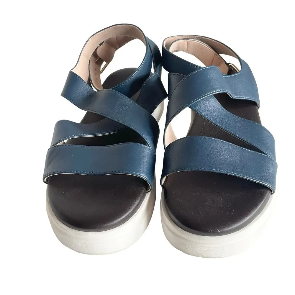 Cole Haan GrandPro Rally Castine Platform Sandal Blue Soze 6.5B‎ Strappy Leather